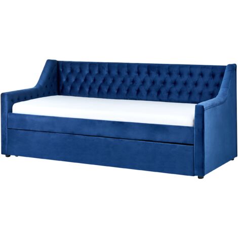 Glam Velvet EU Single Trundle Bed 3ft Blue Slatted Frame Buttons Montargis