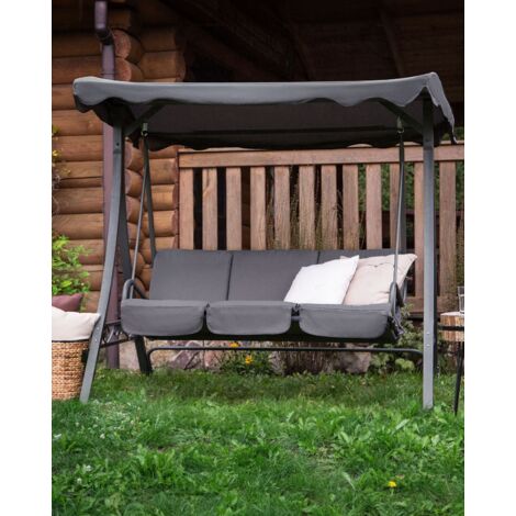 Modern Outdoor Swing 3 Seat Polyester Canopy Steel Frame Grey Garbo