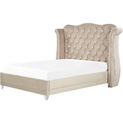 EU Double Size Velvet Bed Frame 4ft6 Buttoned Nailhead Trim Slatted Beige Ayette