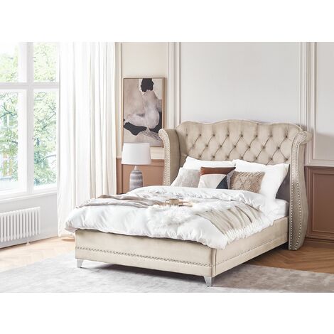 EU Double Size Velvet Bed Frame 4ft6 Buttoned Nailhead Trim Slatted Beige Ayette