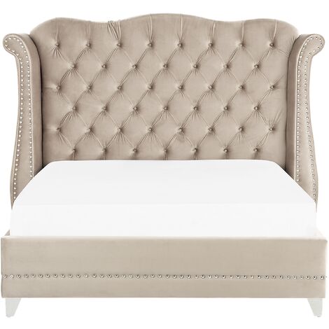 EU Double Size Velvet Bed Frame 4ft6 Buttoned Nailhead Trim Slatted Beige Ayette