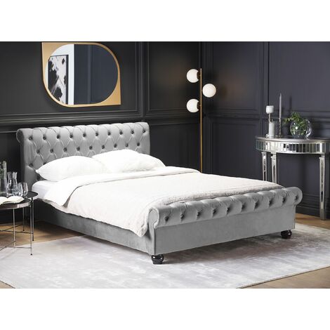 Velvet Fabric EU King Size Bed Frame 5ft3 Tufted Headboard Grey Avallon