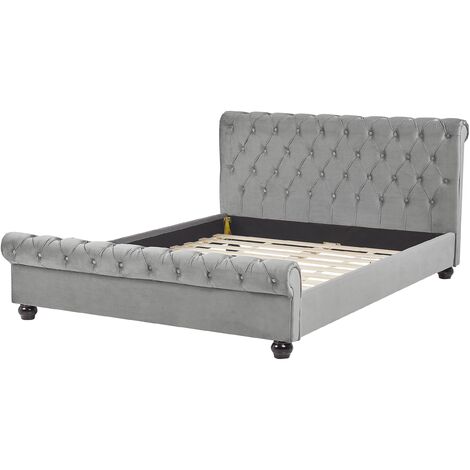 Velvet Fabric EU King Size Bed Frame 5ft3 Tufted Headboard Grey Avallon