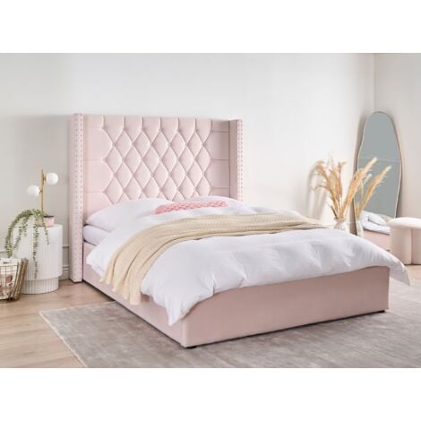 EU Double Velvet Bed Frame 4ft6 Pink with Storage High Headrest Lubbon