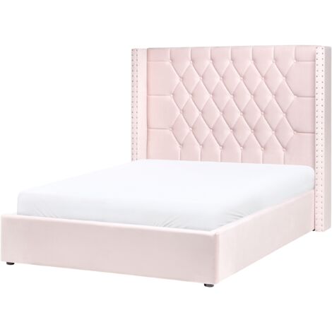 EU Double Velvet Bed Frame 4ft6 Pink with Storage High Headrest Lubbon