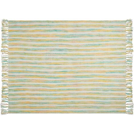 Boho Throw Blanket 130 x 170 cm Stripped Pattern Tassels Yellow and Green Nuwar
