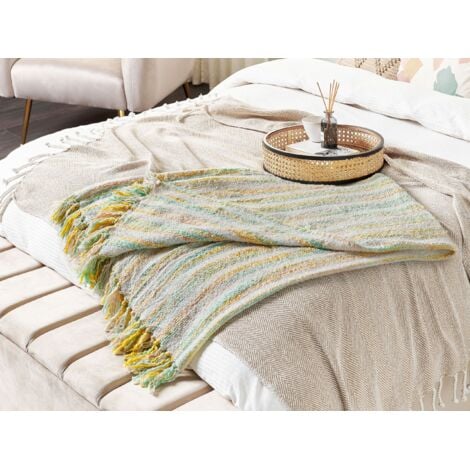 Boho Throw Blanket 130 x 170 cm Stripped Pattern Tassels Yellow and Green Nuwar