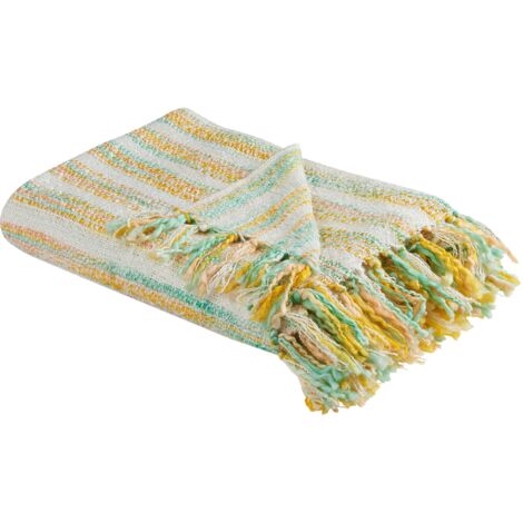 Boho Throw Blanket 130 x 170 cm Stripped Pattern Tassels Yellow and Green Nuwar