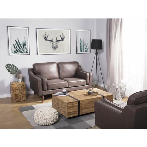 Modern 2 Seater Sofa Upholstered Faux Leather Solid Oak Wood Legs Brown ...