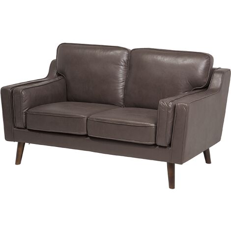Modern 2 Seater Sofa Upholstered Faux Leather Solid Oak Wood Legs Brown ...