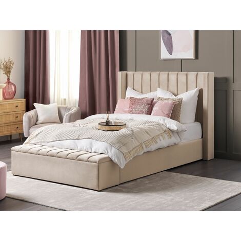 Beige double bed frame store with storage