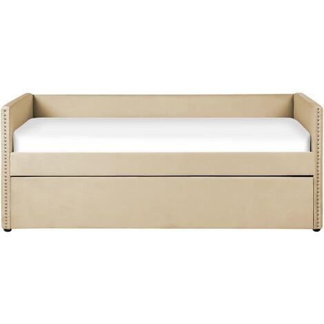 Trundle Bed Beige Glam Velvet Upholstery Slats EU Single Troyes