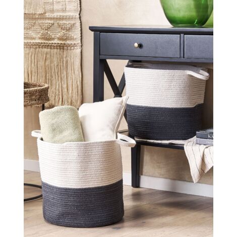 Set of 2 Woven Cotton Storage Laundry Basket Bin White and Black Pazha