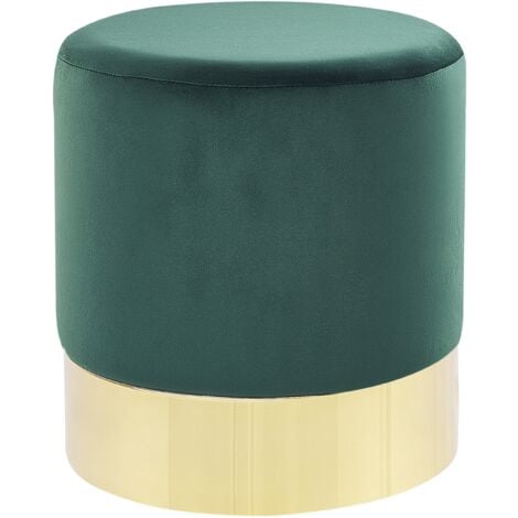 Modern Velvet Accent Pouffe Dark Green Fabric Round Gold Base Footstool Sophia