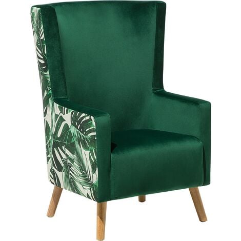 Upholstered Wingback Chair Fabric High Back Leaf Pattern Green Oneida