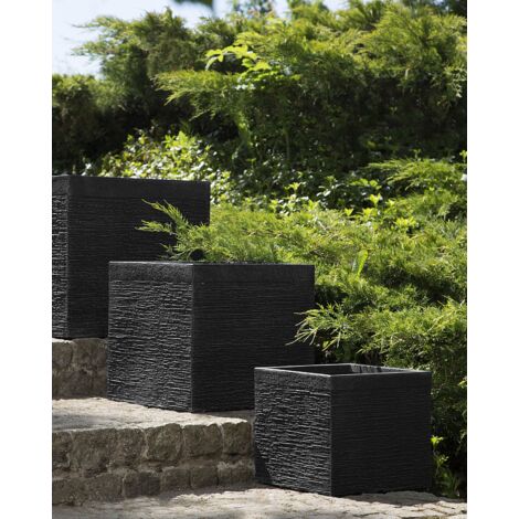 Garden Outdoor Plant Pot Planter Geometric Square Stone 40x40x38 cm Black Paros