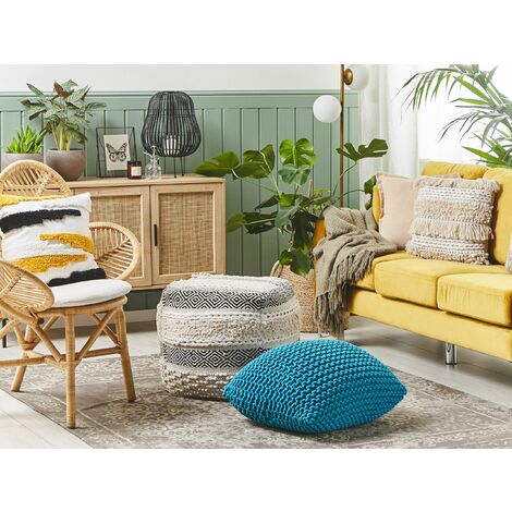 Modern Knitted Square Pouffe Ottoman Cotton Blue 50 x 50 cm Conrad
