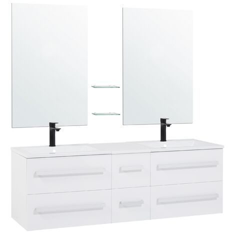 Floating Bathroom Vanity Double Sink 2 Mirrors Drawers Storage White Madrid