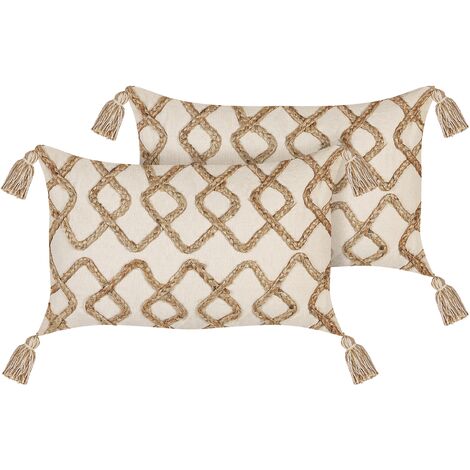 Set of 2 Jute Cushions Geometric Pattern Tassels 30 x 50cm Beige Incana (1/5)
