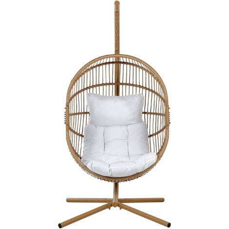 Hanging Chair with Metal Base Beige Indoor-Outdoor Wicker Egg Shape Acri