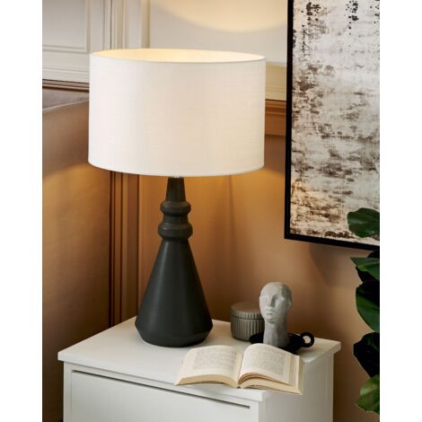 Ceramic Bedside Table Lamp with White Drum Shade Handmade Black Cerillos
