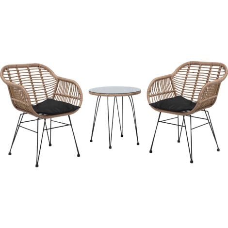 Modern 3PC Poly Rattan Bistro Set Weave Tempered Glass Top Tropea - Natural