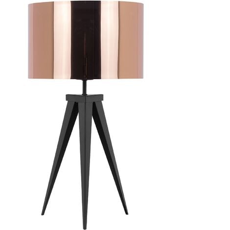 Contemporary Tripod Table Lamp Black Legs Copper Drum Shade Stiletto