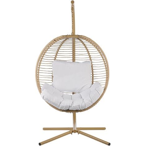 Hanging Swing Chair Beige Boho Rope Metal Stand Chain Soft Cushion Arco