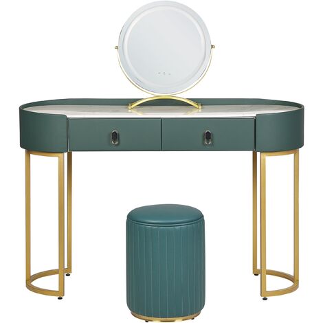 Stylish Ornamental 2-Drawer Glam Dressing Table LED Mirror Green and Gold Vinax