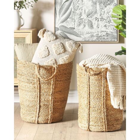 Set of 2 Woven Jute Storage Laundry Basket Container Bin Set Natural Ornach