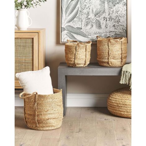 Set of 3 Woven Jute Storage Laundry Basket Container Bin Set Natural Wadh