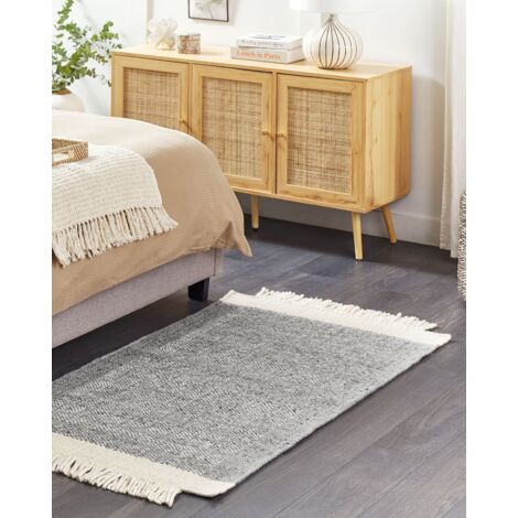 80cm Rug Modern Area Rug Wool Hand Woven 80 x 150 cm Grey and Off-White Tatlisu