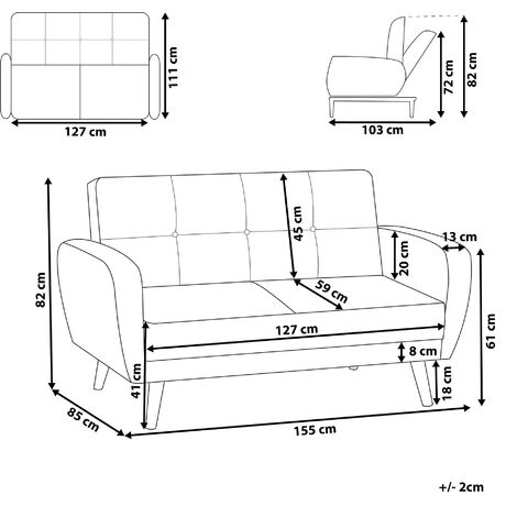 Modern Convertible Sofa Bed 2 Seater Grey Fabric Tufted Wood Legs Retro Florli