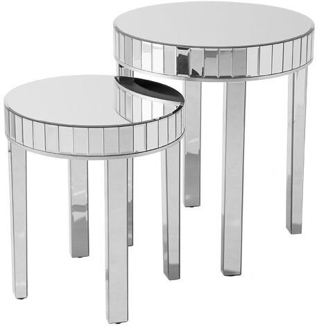 Set of 2 Nesting Side Tables Mirrored End Table Glass Top Silver Rimarde
