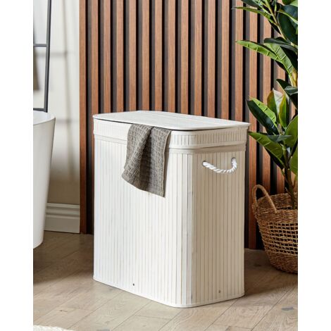 Bamboo Laundry Basket Hamper 2-Compartment with Zippered Lid White Kalthota