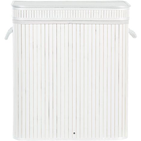 Bamboo Laundry Basket Hamper 2-Compartment with Zippered Lid White Kalthota