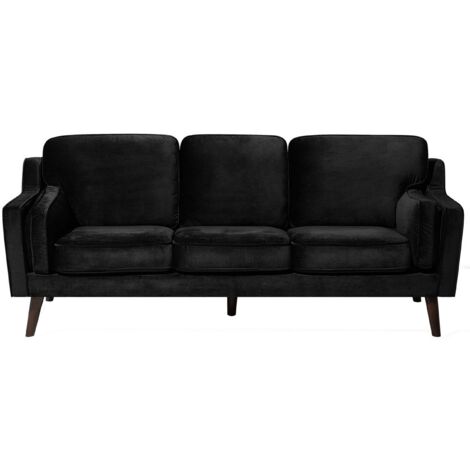 Modern 3 Seater Sofa Upholstered Velvet Solid Oak Wood Legs Black Lokka