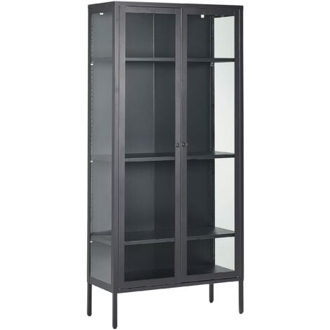 Black metal bookcase with store glass doors