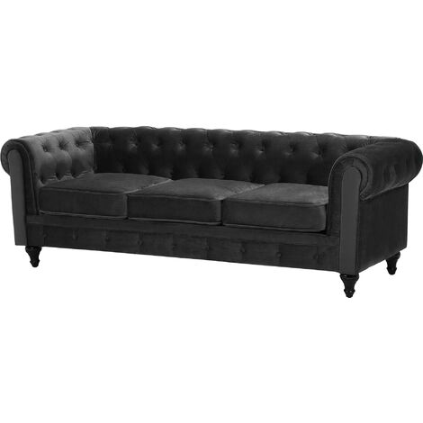 Classic Chesterfield Sofa Button Tufted 3 Seater Velvet Black Chesterfield
