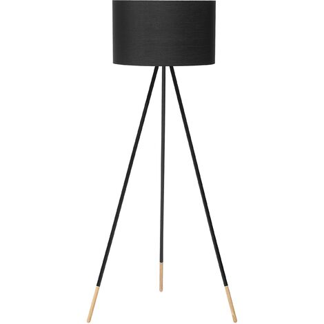 Modern Scandinavian Tripod Wooden Floor Lamp Black Fabric Shade Tobol - Black