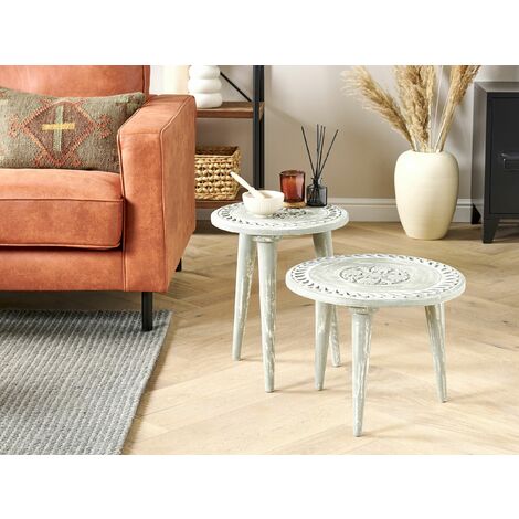 Set of 2 Retro Vintage Round Side Coffee Tables Distressed Mango Wood Green Ekamba