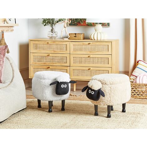 Kids Animal Stool Faux Fur Pouffe with Storage Wooden Legs Playroom White Sheep