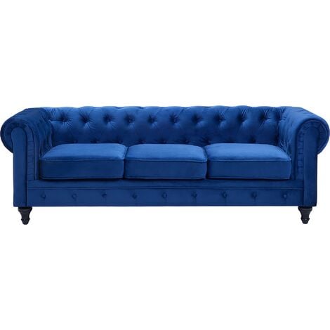 Classic Chesterfield Sofa Button Tufted 3 Seater Velvet Polyester Blue Chesterfield - Blue