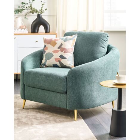Retro Upholstered Club Chair Curved Golden Legs Armchair Fabric Green Trosa