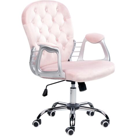 Velvet Office Chair Swivel Adjustable Buttoned Backrest Pink Princess
