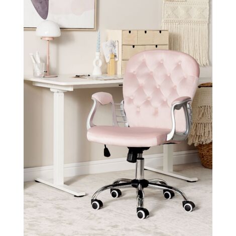 Velvet Office Chair Swivel Adjustable Buttoned Backrest Pink Princess