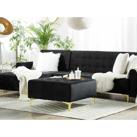 Modern Ottoman Square Footstool Black Velvet Tufted Aberdeen