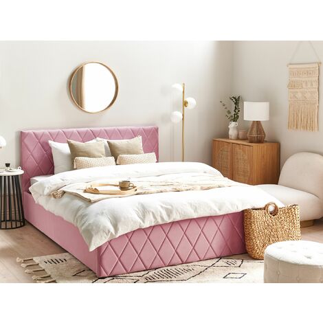 EU King Size Velvet Bed Frame 5ft3 with Storage Tufted Headboard Pink Rochefort