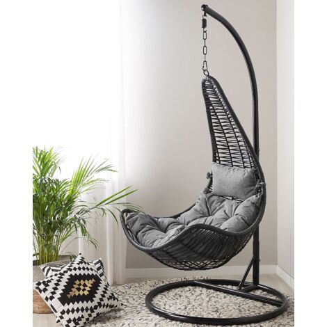 Boho Wicker Hanging Chair Swing Seat without Stand Black PE Rattan Atri II
