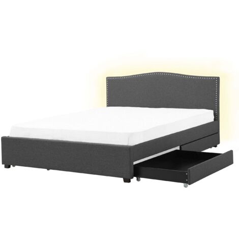 Bed with Storage Drawers Fabric MONTPELLIER 160 x 200 cm (EU King Size) LED Dark Grey (1/5)